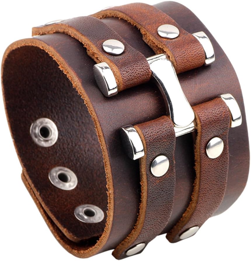 FusamkFashion Alloy Snap Wide Leather Wristband Cuff Bracelet,7-8inches