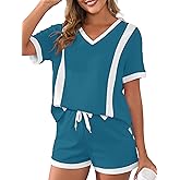 VIAURBE Women's Two Piece Outfits Color Block Lounge Sets Casual Short Sleeve Pullover Tops Matching Shorts