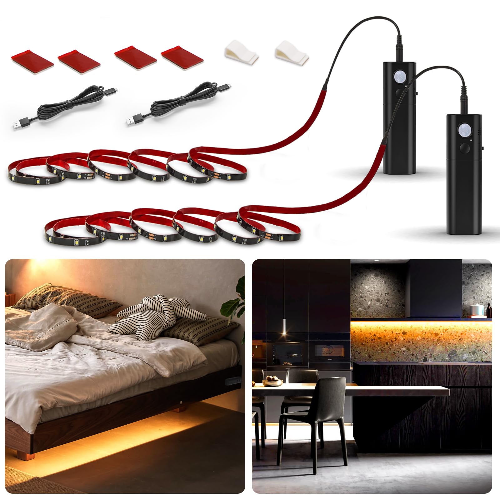 Photo 1 of WOBANE Rechargeable Motion Sensor Strip Light, LED Closet Lights, Upgraded Battery Operated LED Strip Light for Wardrobe,Stair,Pantry,Cabinet,Cupboard,Bed,Locker,2700K Warmwhite,Black,6.56ft,2 Pack