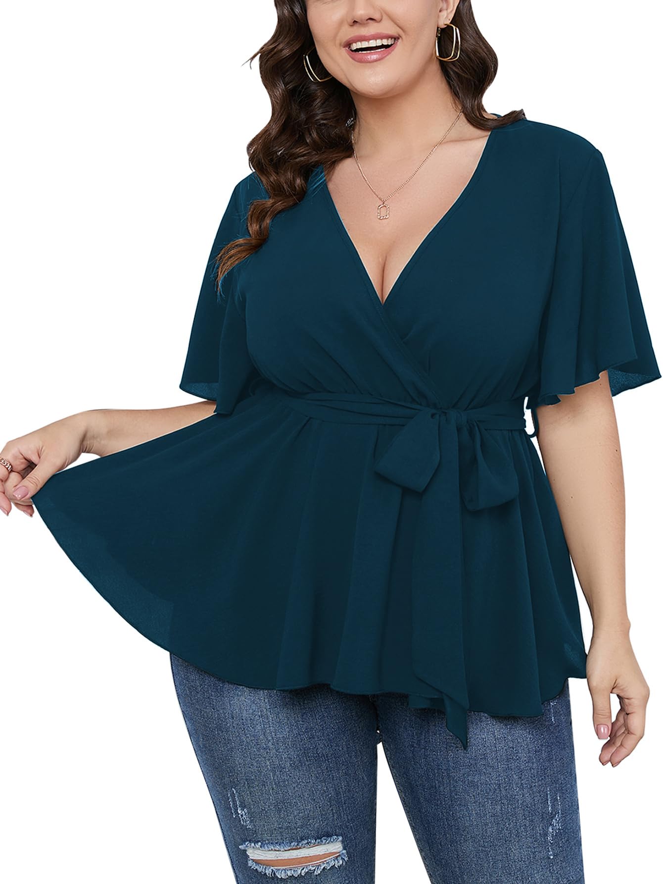 Scoop Neck Pleated Short Sleeve Irregular Hem Blue Plus Size Tops
