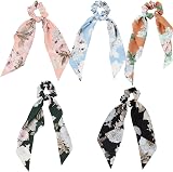 N\W 5 Pieces Satin Hair Scrunchies with Bow Floral Multicolor Hair Accessories view 3
