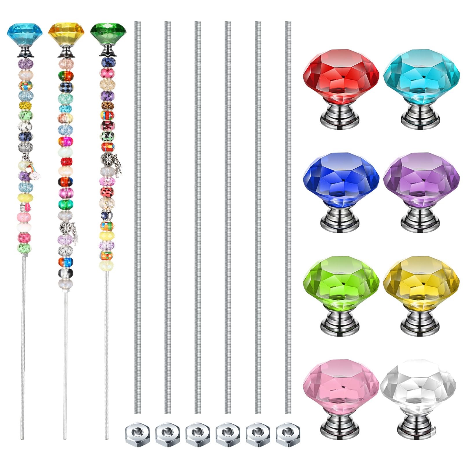 Photo 1 of Pelopy Pack of 8 DIY Fairy Garden Beaded Stakes Wands Kit 8 Pcs of 8/32 Inch 12 Inch Threaded Rods and 8 Pcs Hex Nuts and 8 Tops, Stainless Steel Stakes with Toppers (Bright Color, Diamond)