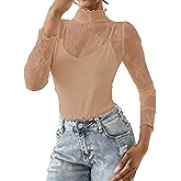 materasu 2025 Womens Mesh Sheer Long Sleeve Layering Top Mock Neck Lace Floral See Through Shirt Blouses
