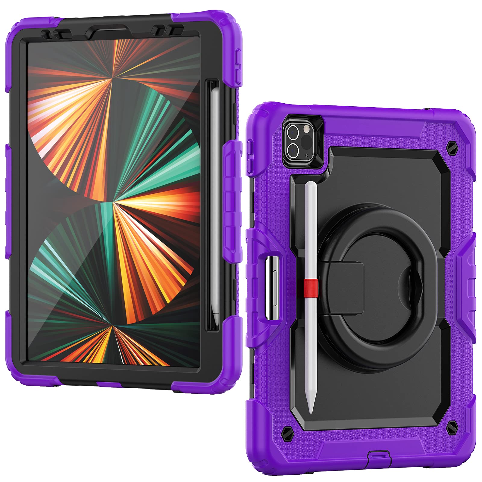 HUEZOE Case Compatible with iPad Pro 11 Inch, Model 2021/2020/2018, Full Body Shockproof Protection Cover Robust with Rotating Stand/Pen Holder, Purple