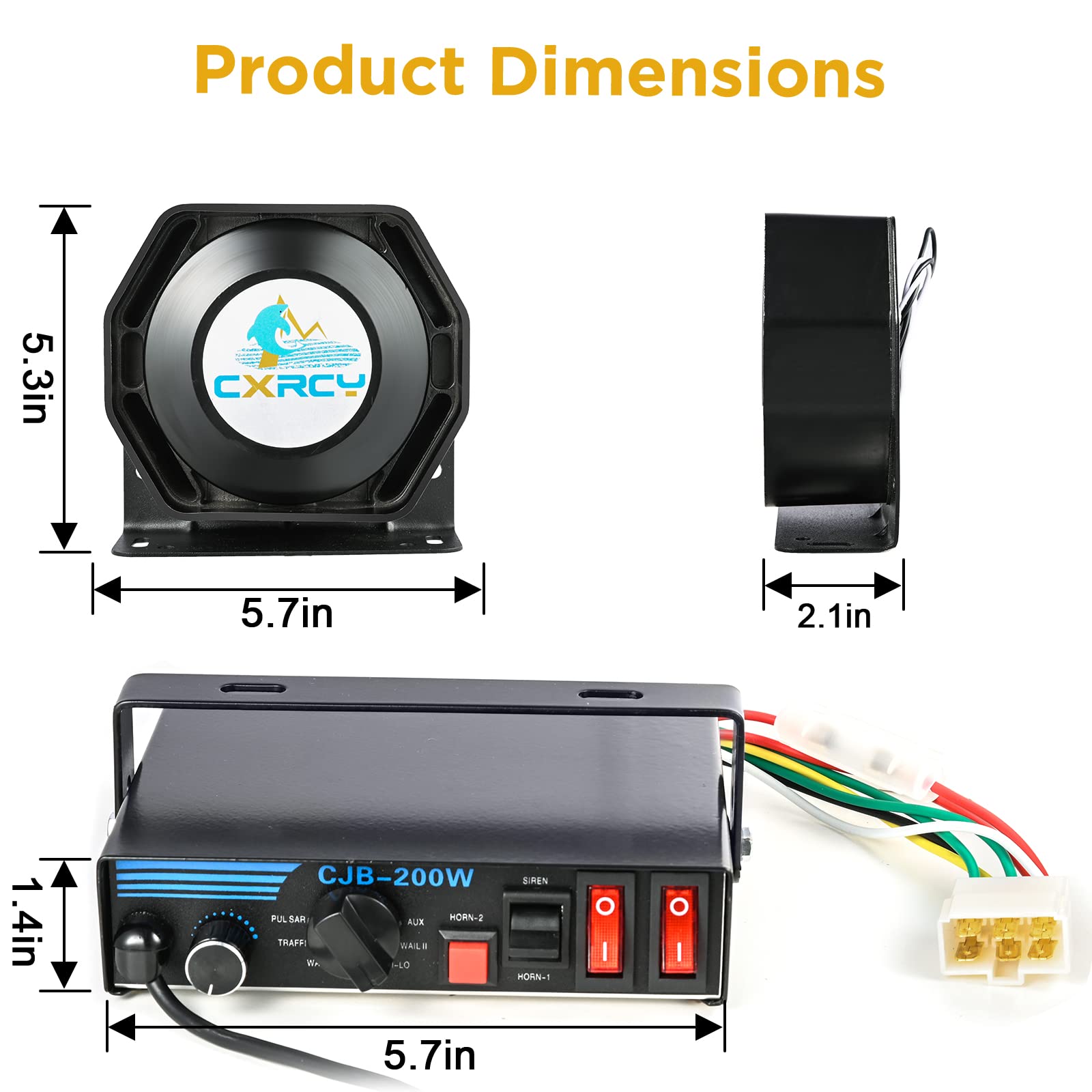 CXRCY 9 Tones Loud Police Siren 200W 12V Emergency Warning Alarm Siren Speaker 1 Horn Handheld Mic PA System for Cars Emergency Police Vehicles Fire Trucks, 120-150dB