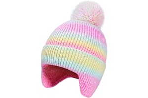 KDVOG Kids Winter Hat with Ear Flaps, Toddler Boys Girls Fleece Lined Knit Beanie Colorful Pattern Pom Pom Ski Cap for 2-10Y