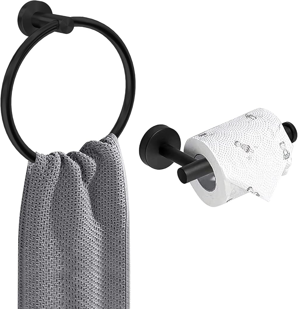AMMIY Toilet Roll Holder Towel Ring Matte Black Stainless Steel 2 Pack