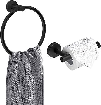 AMMIY Toilet Roll Holder Towel Ring Matte Black Stainless Steel 2 Pack