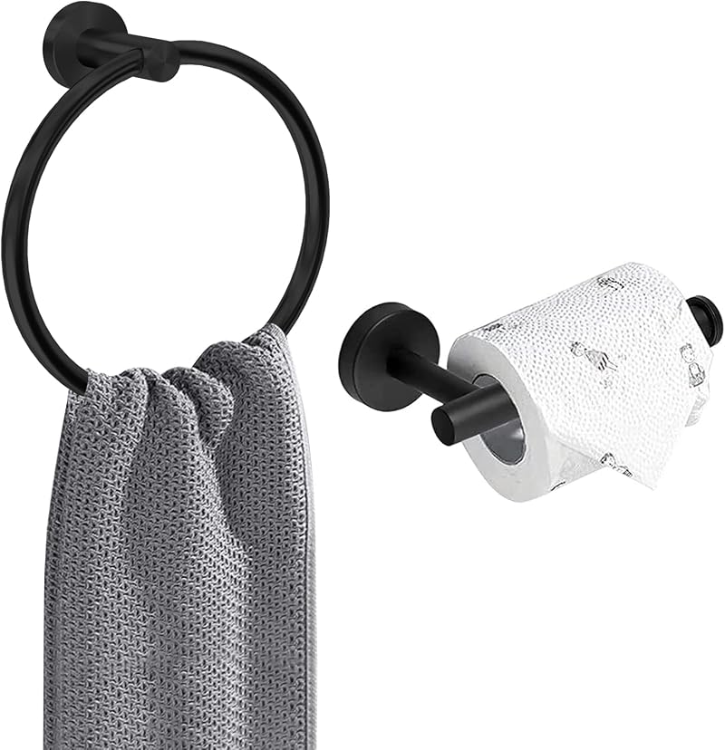 AMMIY Toilet Roll Holder Towel Ring Matte Black Stainless Steel 2 Pack