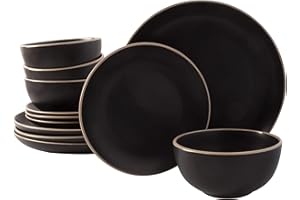 Gibson Home Rockaway Round Stoneware Dinnerware Sets, Service for 4 (12pcs), Black
