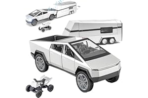 Miortior Truck Toy, Car Toy with RV, Motorcycle Cybertquad and Truck, 1/32 Alloy Diecast Pickup Trailer Model Kit with Light 