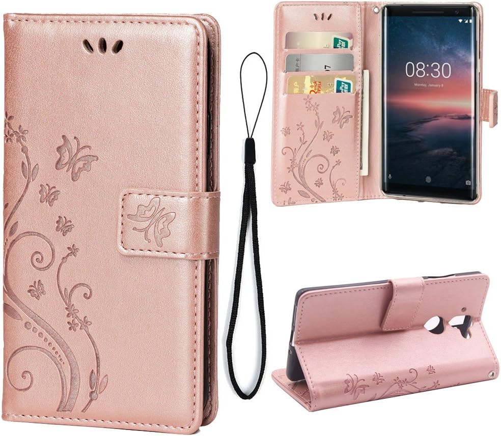 Wallet Case for Nokia 8 Sirocco, 3 Card Holder Embossed Butterfly Flower PU Leather Magnetic Flip Cover for Nokia 8 Sirocco(Rose Gold)