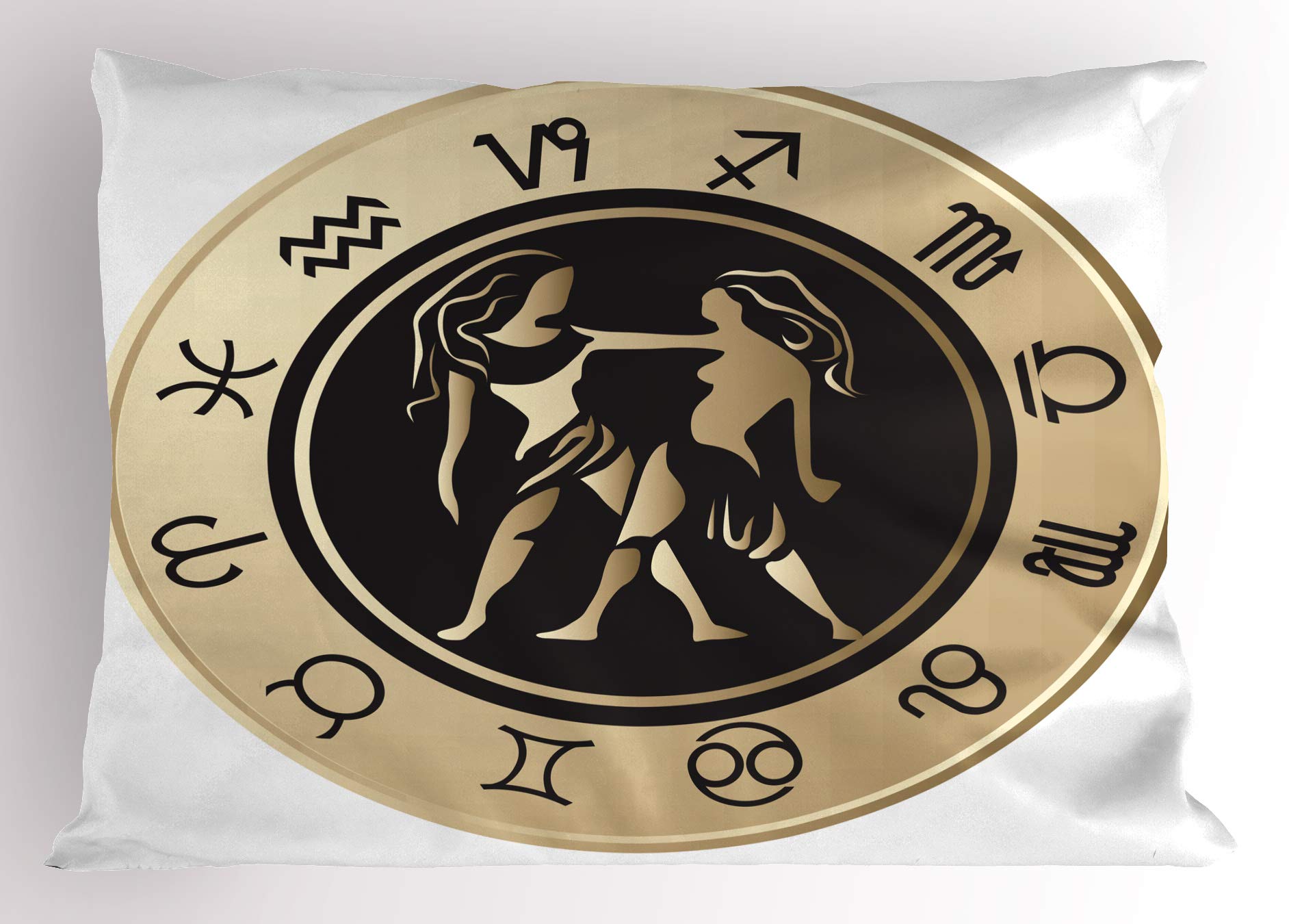 ABAKUHAUS Zodiac Gemini Pillow Sham, Circle and Twins, Decorative Standard Queen Size Printed Pillowcase, 30" X 20", Sand Brown Black White