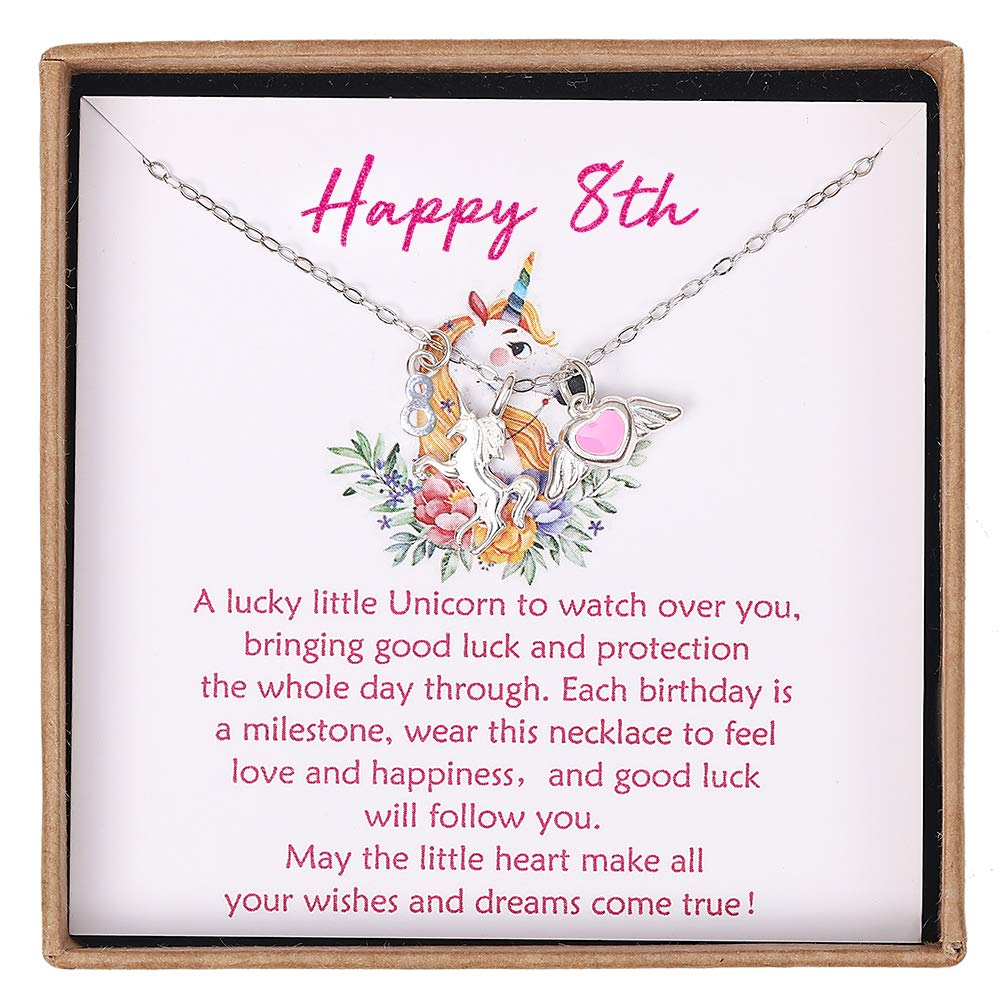 Giuesytic 8 Year Old Girl Birthday Gift Sterling Silver Pink Heart with Wings and Unicorn Charm Necklace Birthday Gifts for 8 Year Old Girl Idea with Card and Gift Box