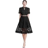 LAI MENG FIVE CATS Women's Short Sleeves Lining Lace Hollow Braided Waistband Solid Color Casual Mini Dress