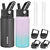 BJPKPK 2 Pack Insulated Water Bottles with Straw Lids, 18oz Stainless Steel Metal Water Bottle with 6 Lids, Leak Proof BPA Free Jugs, Cups, Flasks for Travel, Sports (Lavender Green+Black)