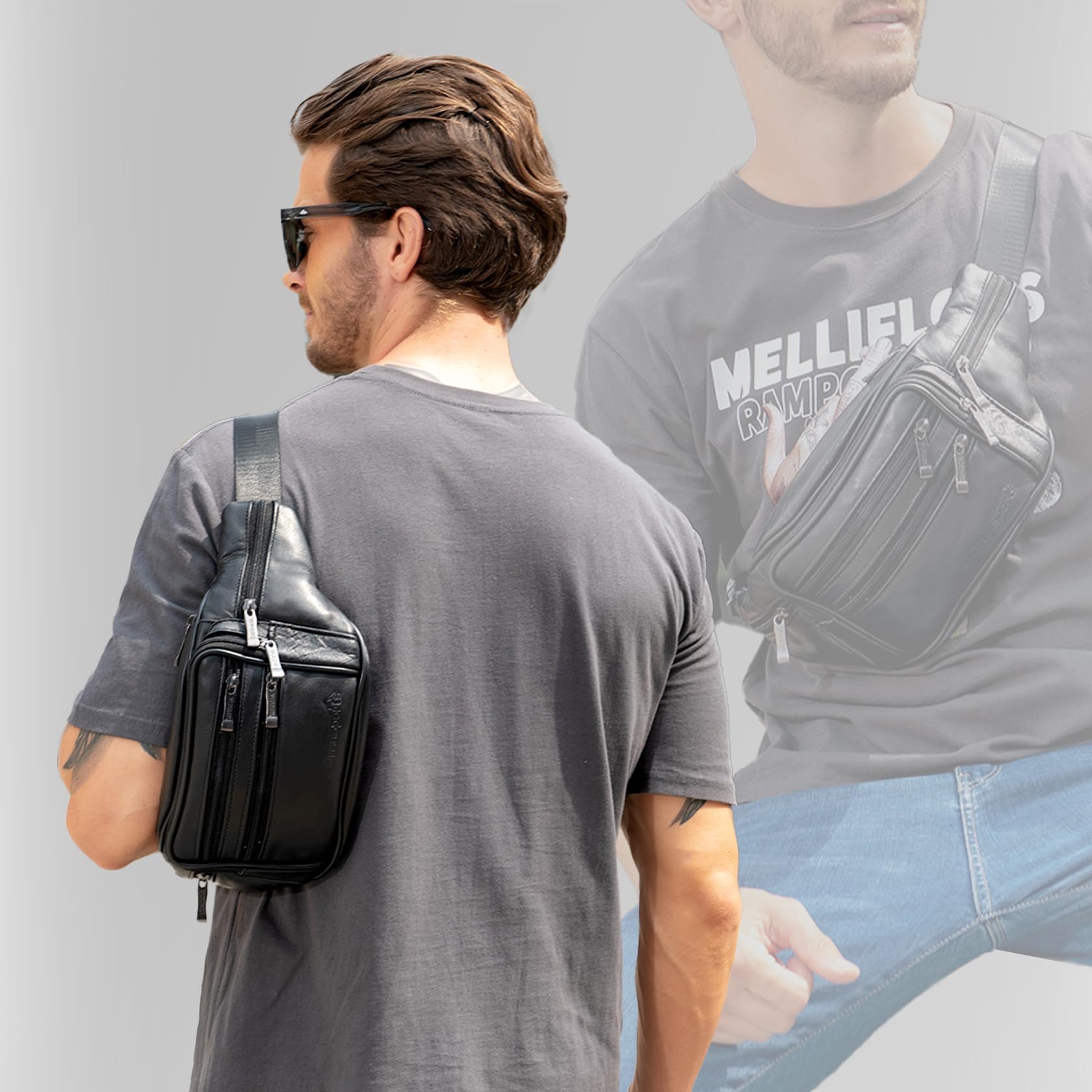 OrrinSports Black Fanny Pack for Men Genuine Leather Waist Bag Multiple Pockets Metal Zippers Belt Bag for Travel Hiking Cycling Fishing