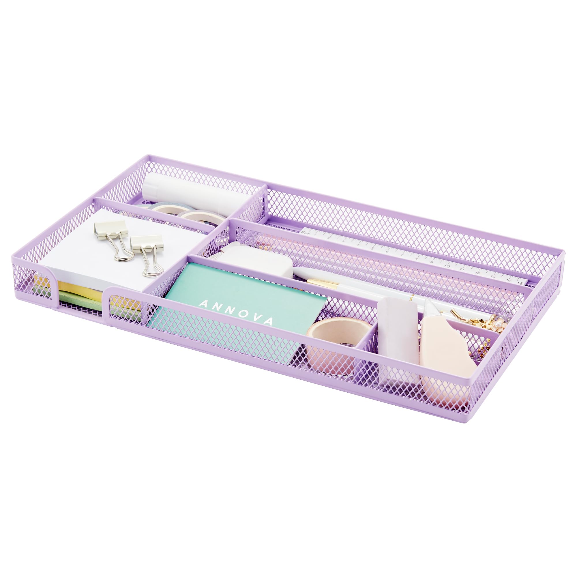 Annova Desk Drawer Organizer Tray for Office Organization - Metal Mesh - Storage Tray with Dividers for Pens, Desktop Accessories, Bathroom, Kitchen, Makeup and Office Supplies (Light Purple)
