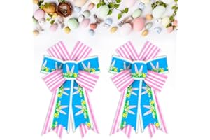 HEUREPPY 2pcs Easter Wreath Bows Easter Decor Bow Pink Blue Strips Rabbit Ears Burlap Bows for Wreath, Easter Ribbon Bows Tree Topper Bows for Easter Day Home Indoor Outdoor Decoration Wreath Ornament Supplies