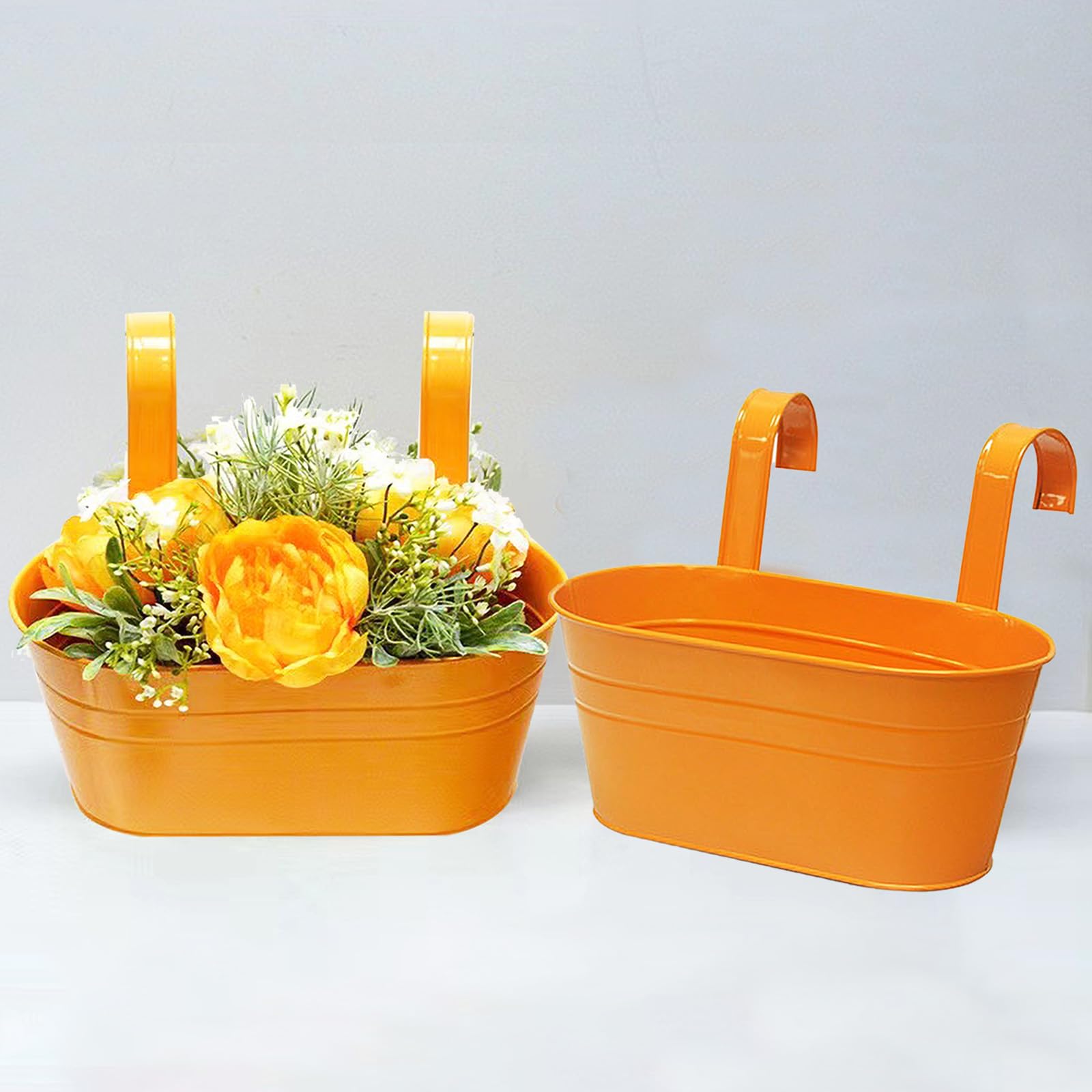 2 Pcs Metal Hanging Flower Plant Pots, Metal Bucket Flower Pots, Fence Bucket, Hanging Flower Pot for Indoor and Outdoor, Storage Bucket in Kitchen or Bathroom, Detachable Hook(Orange) — image 1