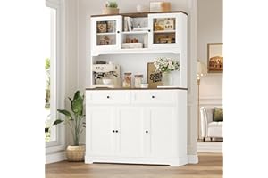 FACBOTALL Tall Kitchen Pantry Storage Cabinet, Kitchen Hutch with Countertop and Microwave Stand, Food Pantry Cabinet with Doors and Adjustable Shelves, White