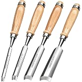 4PC Wood Chisel Gouge Set, CR-V Hardened Semi-Circular Blades, Ergo Grips | Edge Retention, Low-Vibration Cuts, Ergonomic Handles, Lasting Comfort and Resharpenable, 1/4, 1/2, 3/4, 1