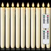 Homemory 12 Pcs Real Wax Flameless Taper Candles with Remote Timer and Dimmer, Battery Operated Candlesticks with Flickering Light, Ivory Window Candles, 9.6 Inches for Wedding Home Decor