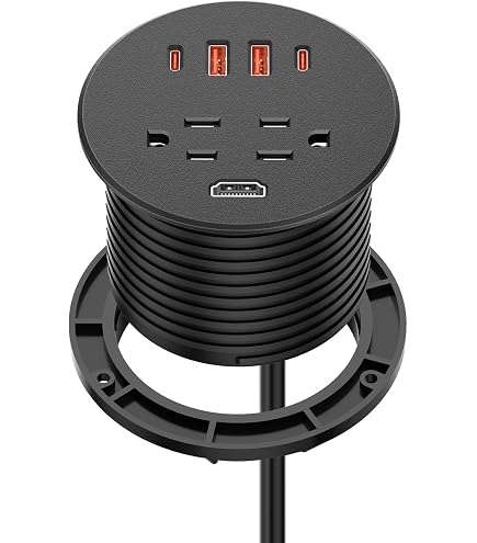 QBA Tabletop Recessed Power Hub – 3 AC Outlets, 2 USB-A (18W), 2 USB-C (30W PD), Brush Slot, Flip-Up Lid – For Conference Rooms, Desks, Kitchen Islands & Workbenches
