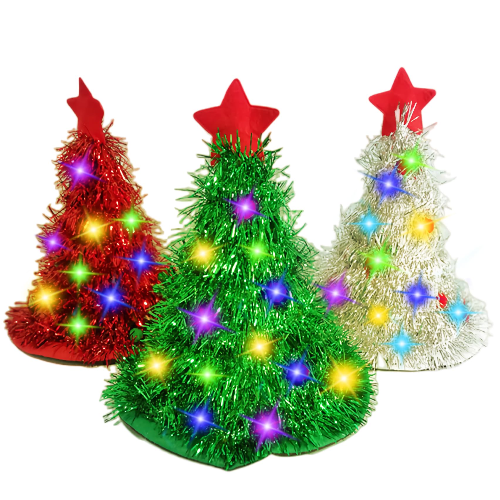 BUNVICK Christmas Hat Set, Multi-piece set, With 30 LED Colored Lights Christmas Tree Decorative Cap (3 Piece Set)