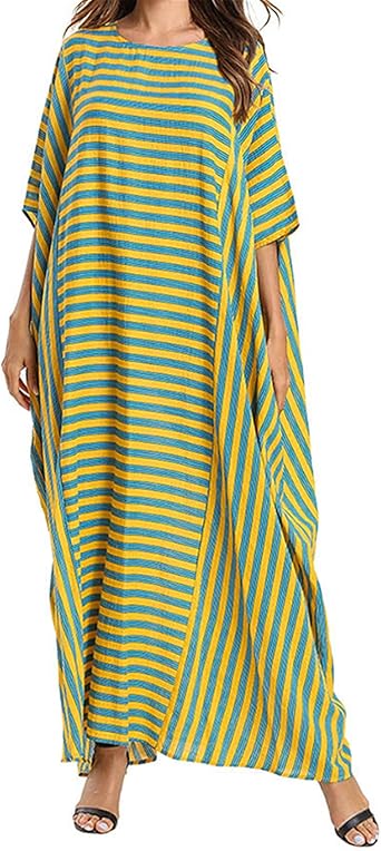 Qianliniuinc Vetement Caftan Marocain Manches Longues Robe Femme Longue Arabe Chemise Abaya Kaftan Dubai Musulmane Raye Amazon Fr Vetements Et Accessoires
