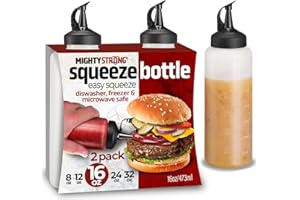 MIGHTY STRONG Condiment Squeeze Bottles for Sauces and Liquids – 16 oz Plastic Refillable Squirt Bottles for Ketchup, Oils, and Condiments – Multipurpose Condiment Containers for Kitchen, BBQ & Cooking - 2 Pack