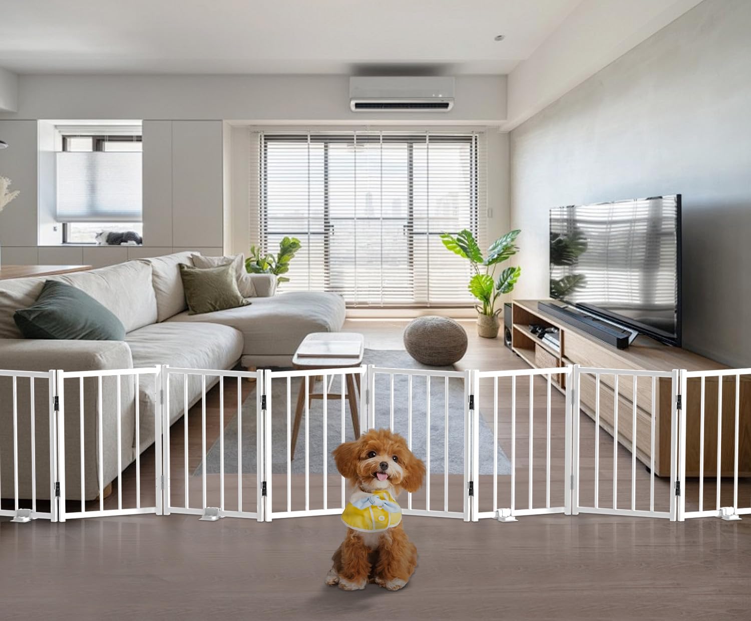 Photo 1 of BFNN Free Standing Foldable Dog Gate, 16.5" High Step-Over Metal Short Pet Gate, Up to 96" Wide Puppy Fence for Stairs and Doorways, Indoor & Outdoor Use, No Drilling and No Assembly, White