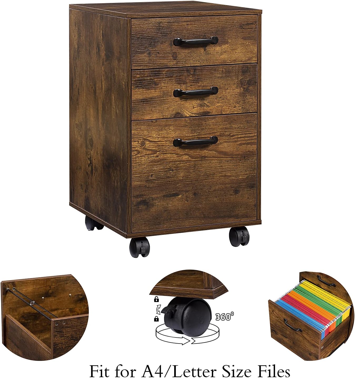 DINZI LVJ Rolling File Cabinet, 3 Drawer File Cabinet on Wheels, Mobile Office Cabinet for A4, Letter Size Files, Hanging File Folders, Under Desk Filing Cabinets for Home Office, Rustic Brown: Kitchen & Dining