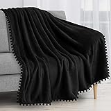 PAVILIA Royal Blue Throw Blanket Pom Pom for