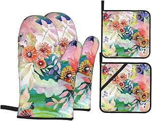 Lebenzat Oven Mitts and Pot Holders 4pcs Set,Food Safe-Plants and Flowers Baking Gloves with Soft Inner Lining,Waterproof Polyester Oven Gloves for Kitchen,Baking,Cooking,BBQ