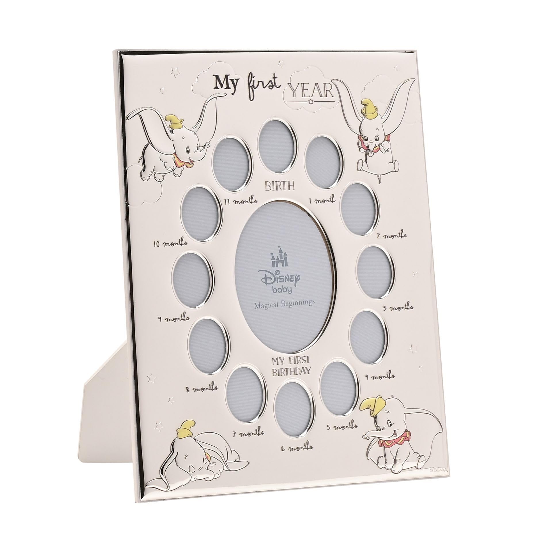 Disney – Dumbo – Real Silver-Plated 12 Aperture Photo Frame Rectangular 'My First Year' – Made in Italy – Officially Licensed Disney Merchandise – Self-Standing Wood Back - Early Years, Nursery, Kids.