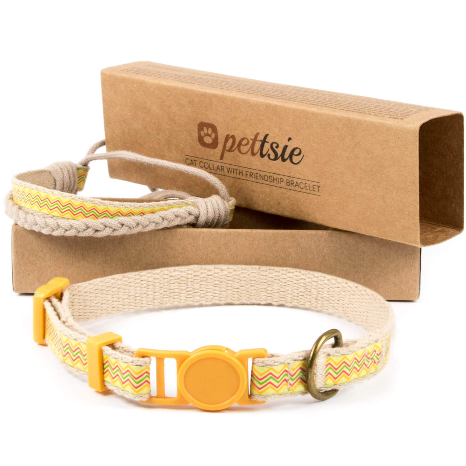 Pettsie Breakaway Cat Collar & Matching Bracelet, Adjustable Safety Collar for Cats, Soft Cotton, Lightweight, Stylish Design, Yellow