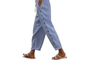 Striped Linen Pants for Women Wide Straight Leg Side Button Pants 2026 Ladies Pinstripe Trousers with Pockets
