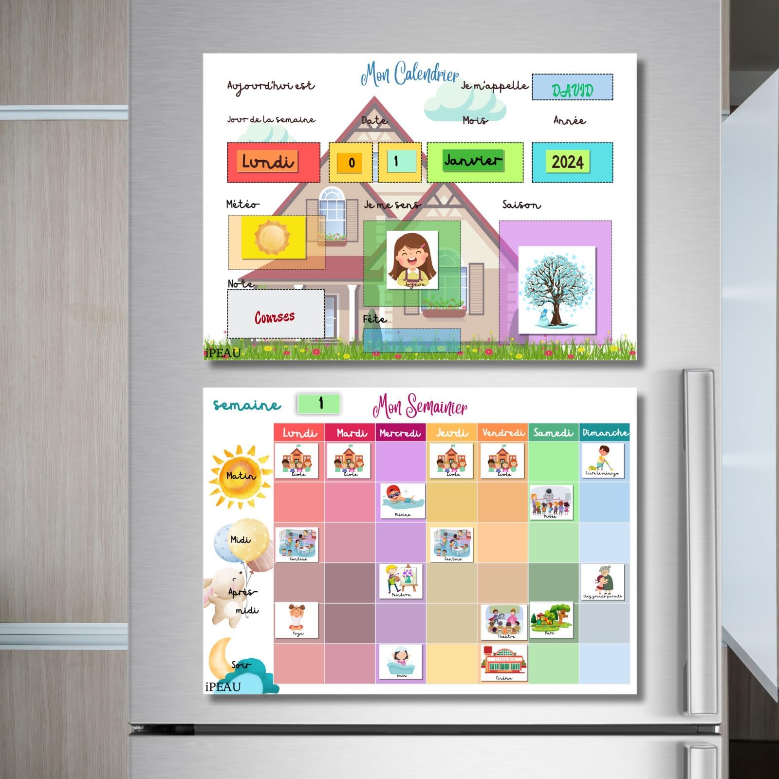 iPEAU Montessori Children's Educational Calendar 3-8 Years, Weekly Planner 114 Magnets Weekly Planner Daily Routines Writable, Erasable, Autonomy and Fun Organization(French)