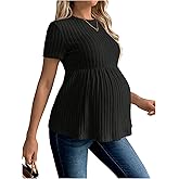 RoseSeek Women's Ruffle Hem Maternity T Shirt Short Sleeve Crewneck Ribbed Knit Peplum Tee Tops
