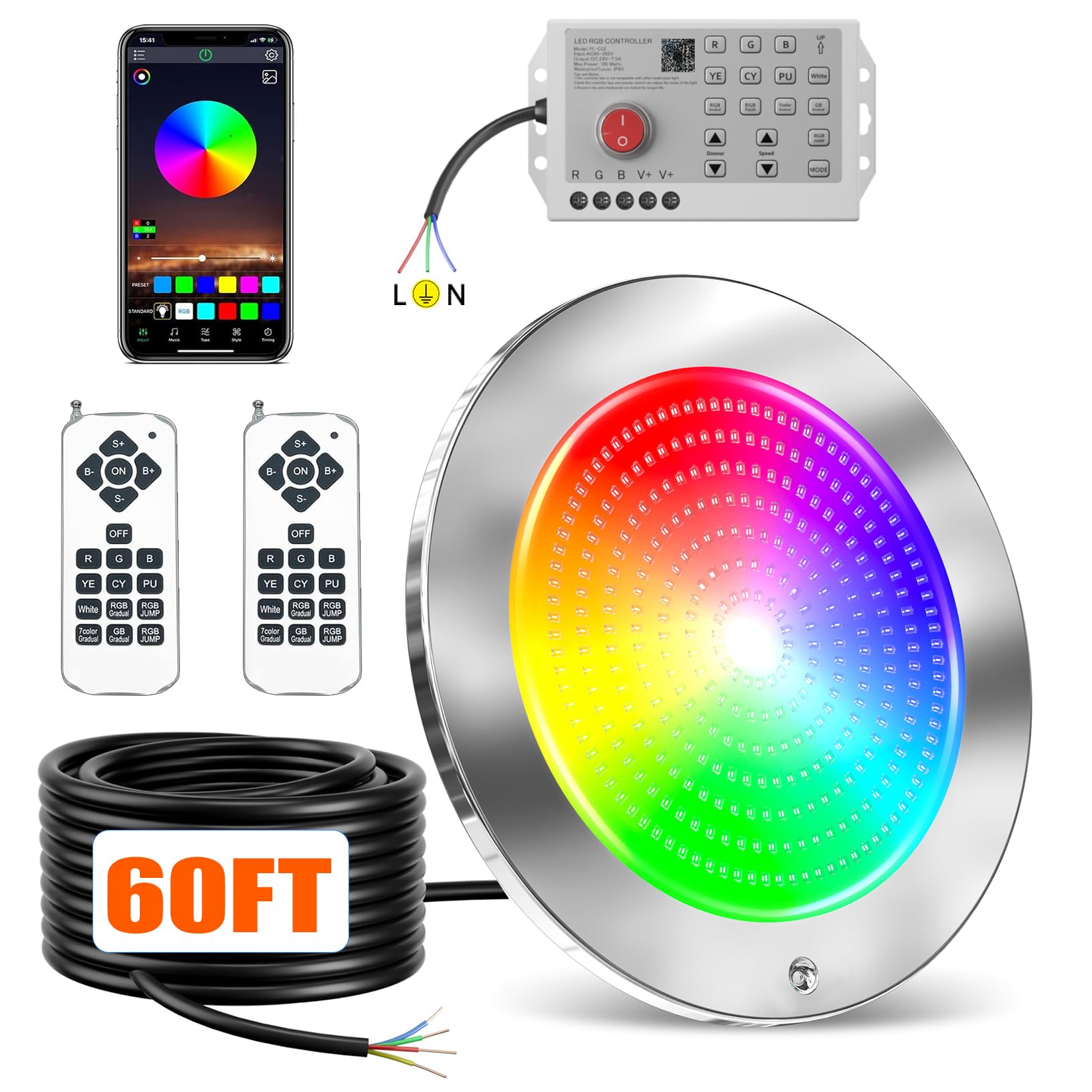 Photo 1 of Pool Lights for Inground Pool, 60Ft 54W 10Inch LED Inground Pool Light with 3 Control Way (App/Remote/Controller), Color Changing Underwater Swimming PoolLight for 10" Large Wet Niches