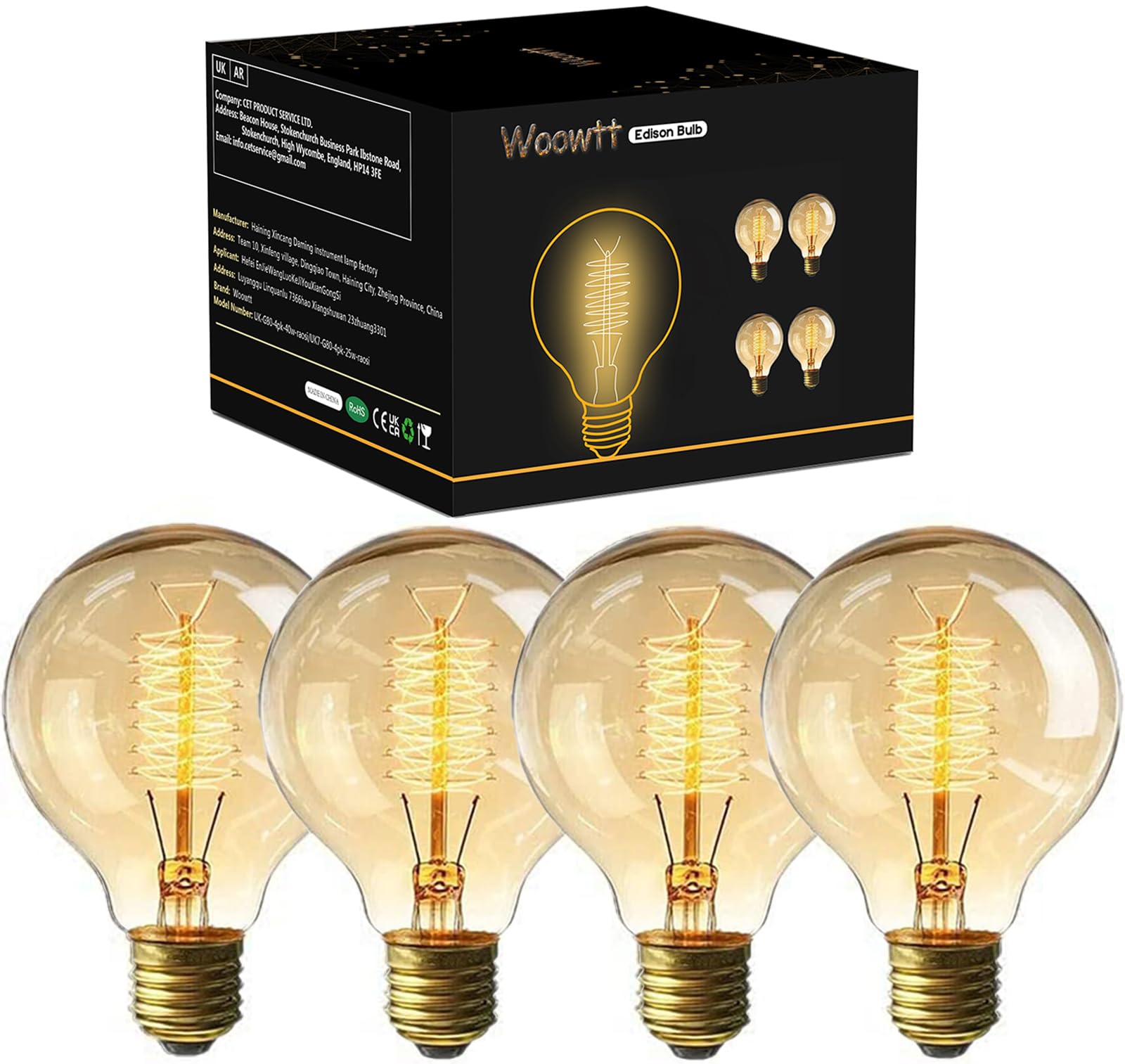 Woowtt Vintage Edison Light Bulbs, Dimmable Screw Edison Bulb Globe Bulbs Retro Spiral Lamp Warm Light 40w G80 E27 220V-4Pack