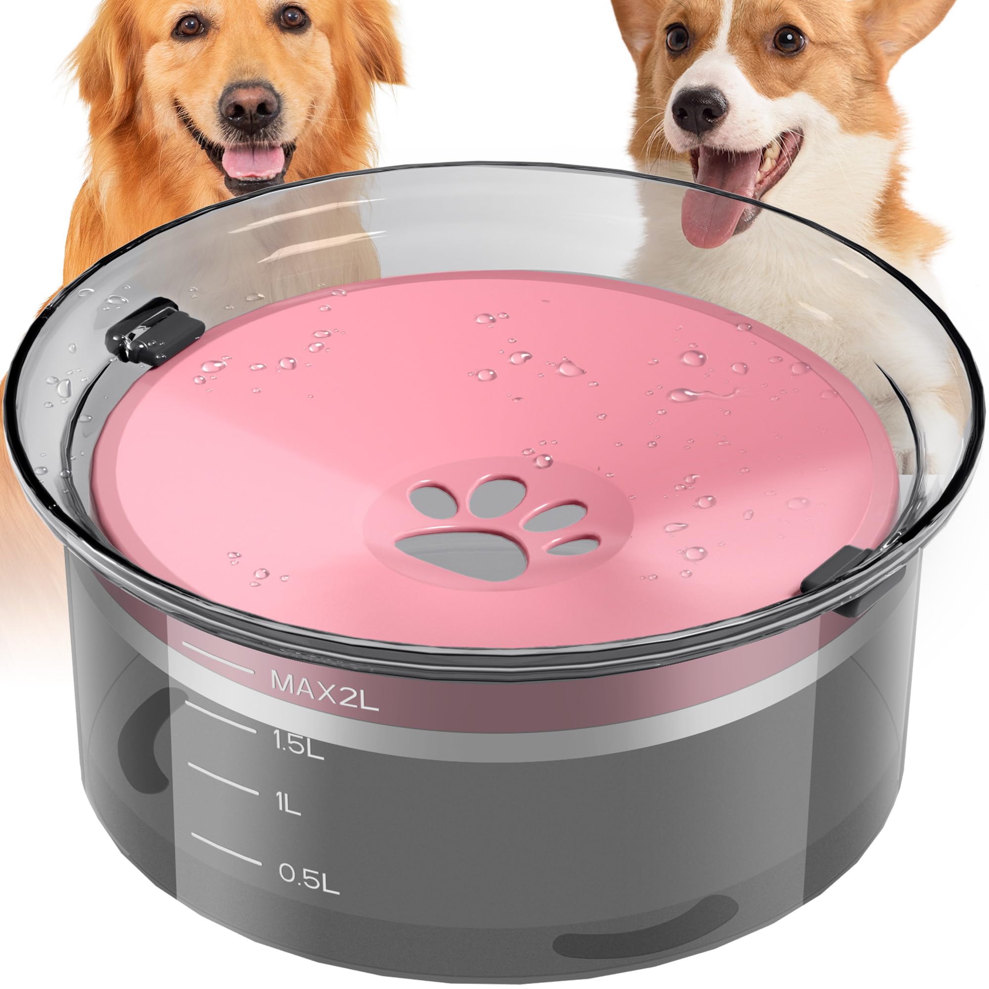View 1 of 2L Dog Water Bowl Large Capacity Slow Water Feeder, No Spill Dog Bowl Splash Proof Pet Water Dispenser,Vehicle Carried Travel Water Floating Bowl for Dogs/Cats/Pets (Pink)
