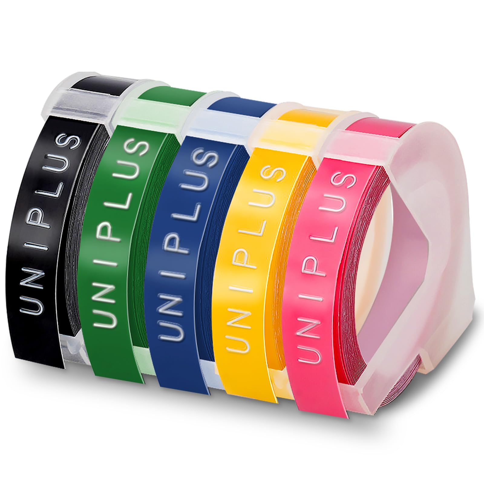 UniPlus Compatible Omega Label Tape Replacement for Embossing Tape 9mm 3D Labels Black Blue Pink Green Yellow for Omega S0717930 Junior S0717900 Embossing Label Makers 5-Pack — image 1