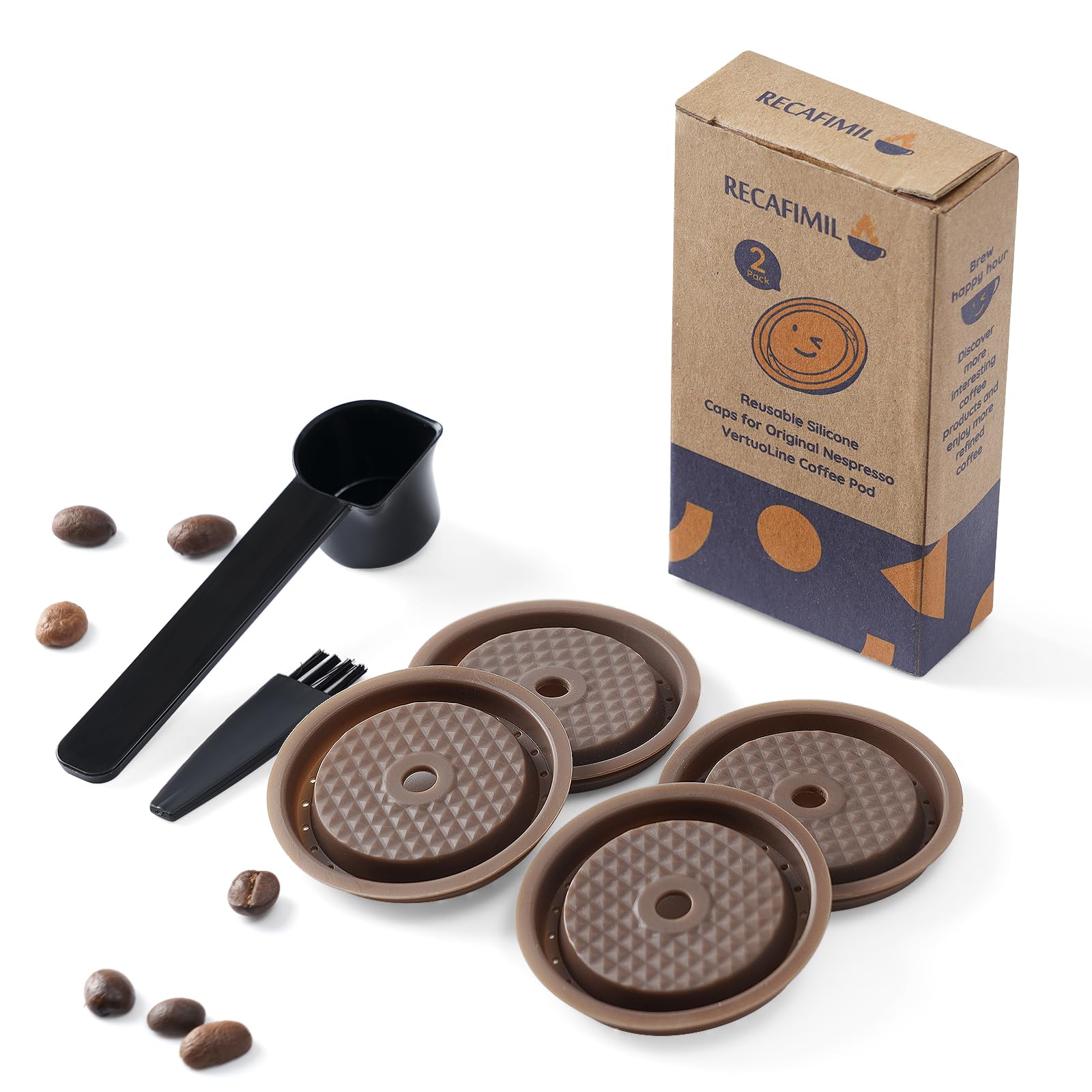 RECAFIMIL 4 PCS Reusable Cap Compatible with Nespresso Vertuo and VertuoLine Capsules, Refillable Coffee Pod Caps with Spoon and Brush