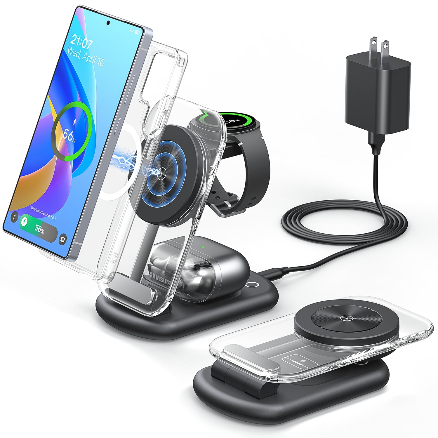 3 in 1 Magnetic Wireless Charging Station for Samsung, Foldable MagSafe Charger Stand with Switchable Night Light for Galaxy S26/S25/Z Fold/Z Flip, Watch Charger for Galaxy Watch Ultra/8/7/6, for Buds