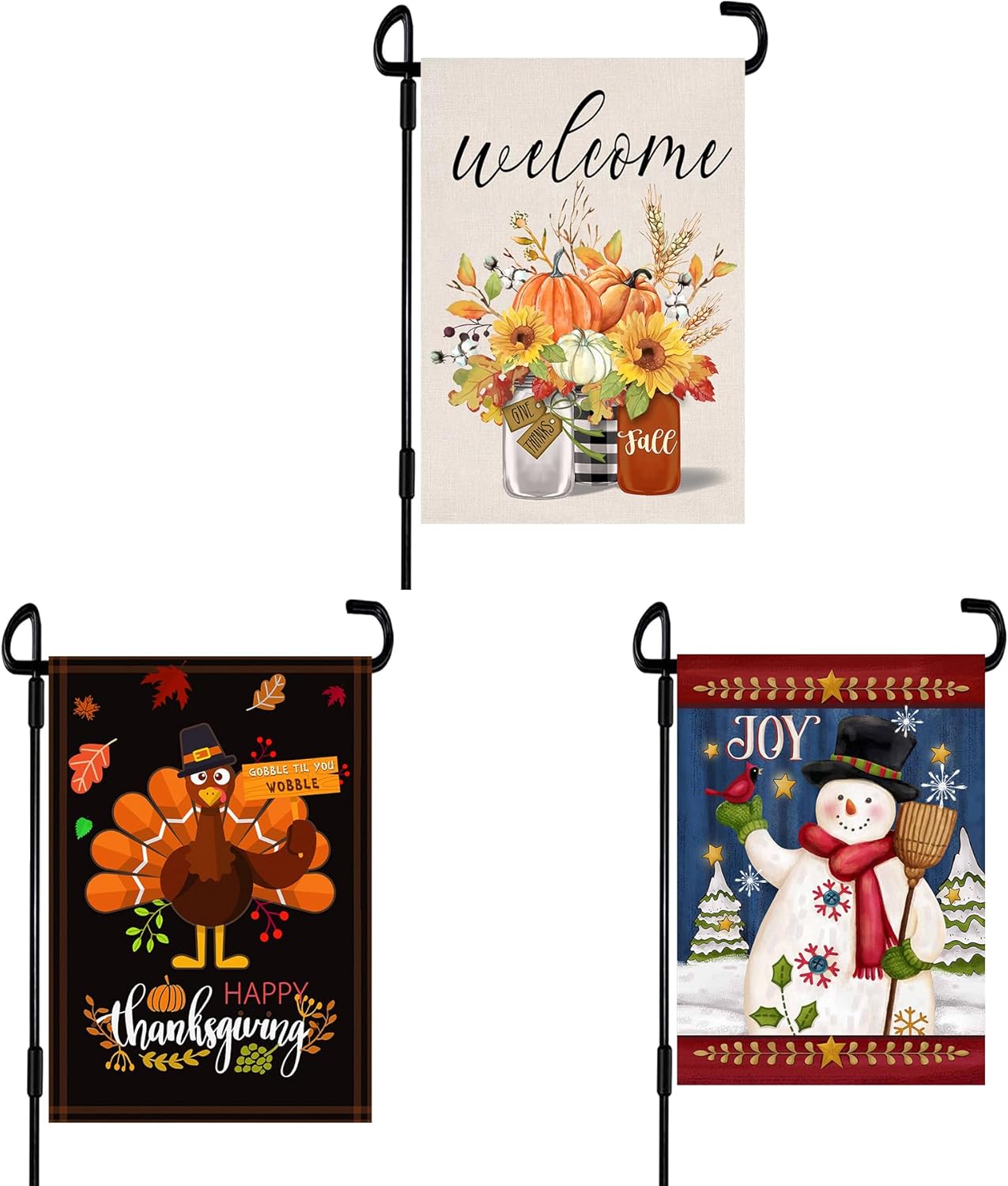 Flags - 3 Pack 12.5 x 18 Inch Fall Garden Flags Stands Outdoor-Double Sided Thanksgiving Garden Flag Christmas Garden Flags Burlap Garden Yard Decorative for Garden Flag Stand-Holder-Pole