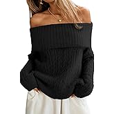 ELLEVEN Women’s Off Shoulder Cable Knit Sweater, Soft Oversized Pullover for Casual Fall Winter Outfits