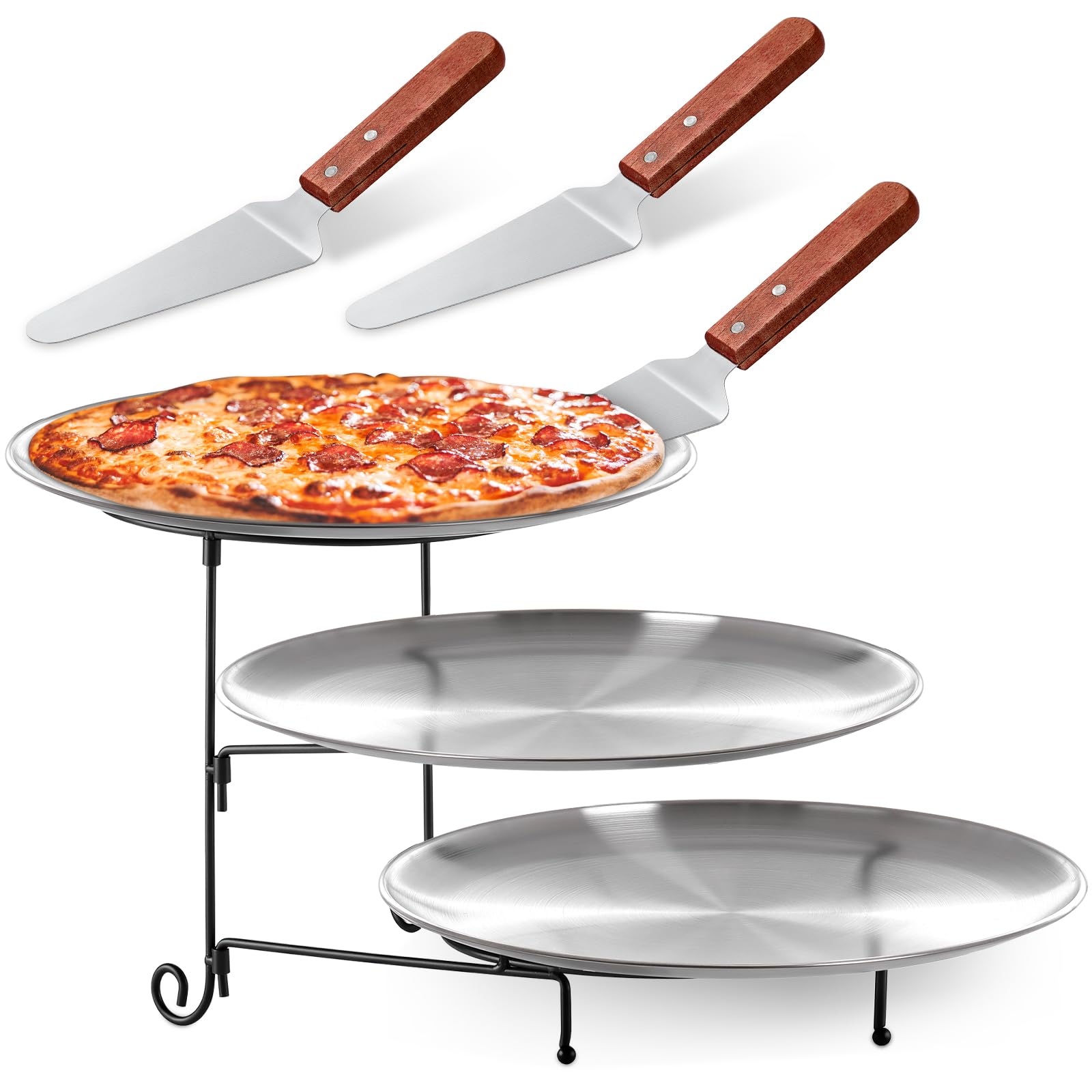Photo 1 of (incomplete item) Domensi 7pcs Pizza Pan Riser Stands Sets Includes 1pcs Tiered Tray Stand 3 Stainless Steel Pizza Pan and 3 Wood Handle Knife for Tables Party Restaurant