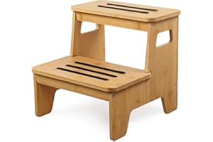 BSHOME Wooden 2-Step Stool, Bamboo Step Stool with Handles, DIY Non-Slip Surface, Portable Stepping Stool for Kitchen, Toilet, Bathroom Sink, Bedroom, Natural